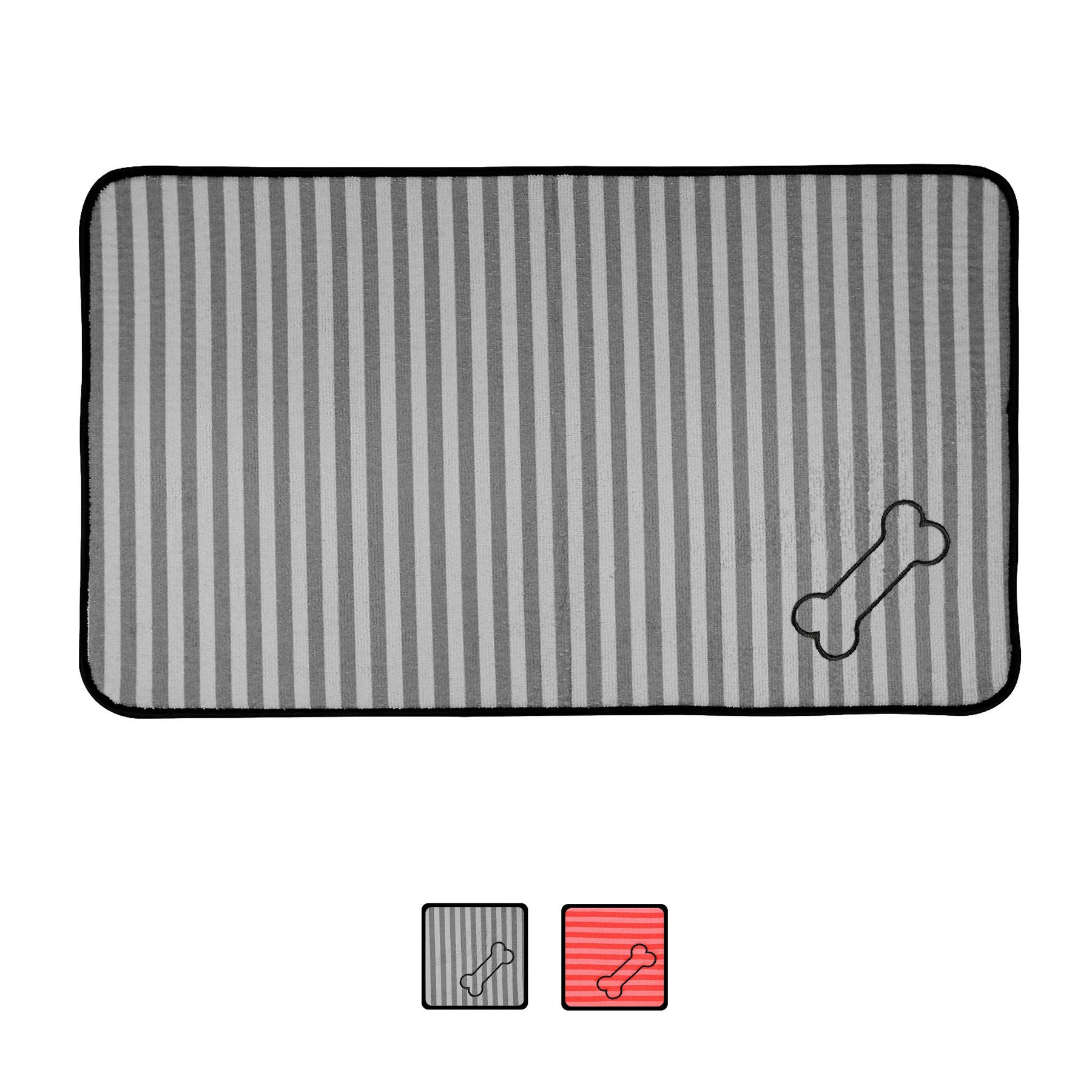 Bone Dry Stripe Embroidered Bone Print Dog & Cat Food Mat, Gray