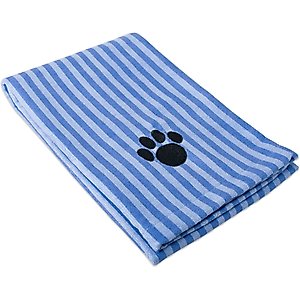 Bone Dry Striped Embroidered Paw Dog & Cat Towel, Blue