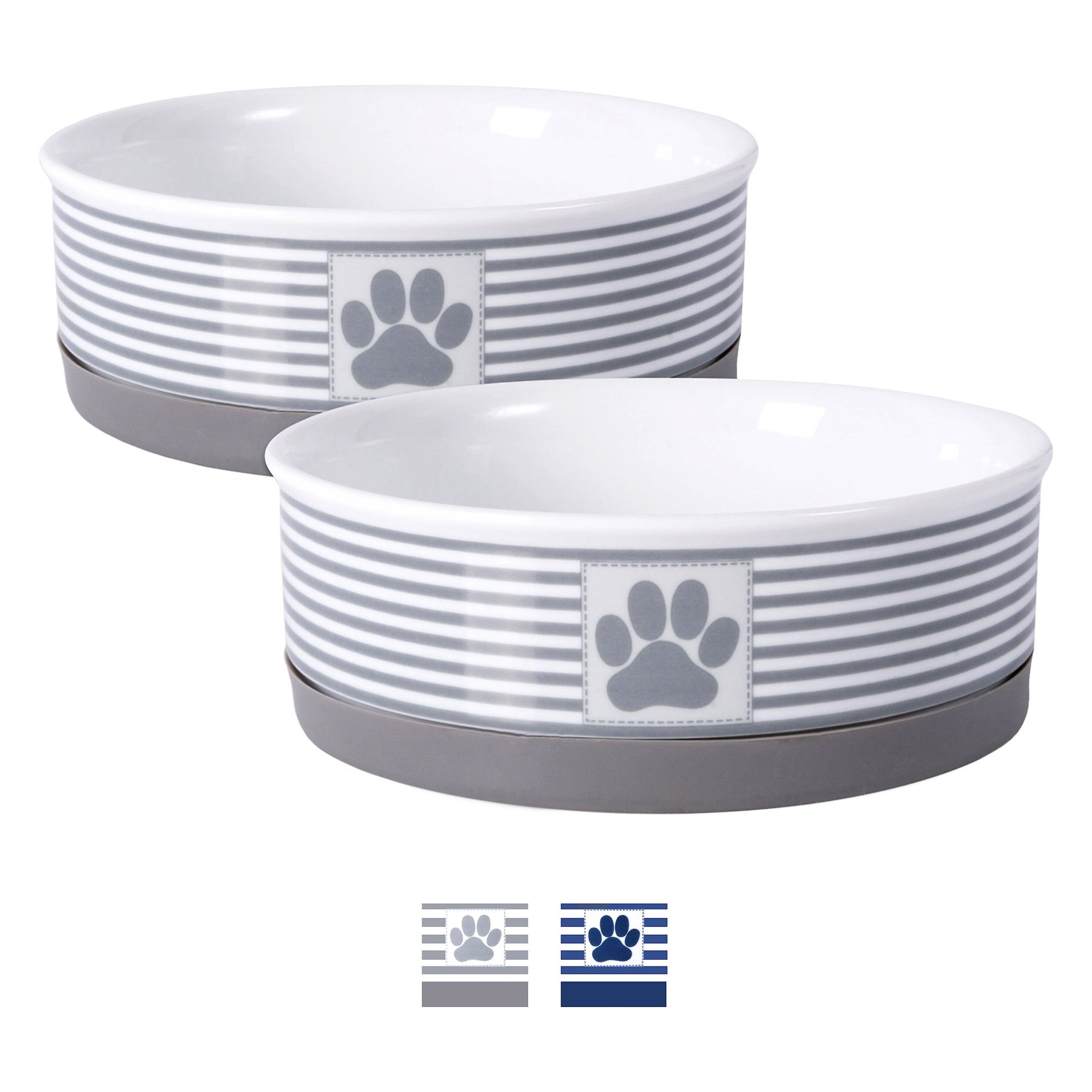 Bone Dry Striped Non-Skid Ceramic Dog & Cat Bowl Set, 0.75-cup, 2 count, Grey