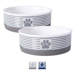 Bone Dry Striped Non-Skid Ceramic Dog & Cat Bowl Set, 0.75-cup, 2 count, Grey