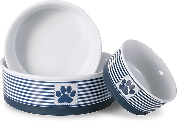 Show full view: Bone Dry Striped Non-Skid Ceramic Dog & Cat Bowl Set, 1.5-cup, 2 count, Nautical Blue slide 6 of 8
