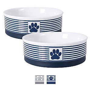 Bone Dry Striped Non-Skid Ceramic Dog & Cat Bowl Set, 3-cup, 2 count, Nautical Blue