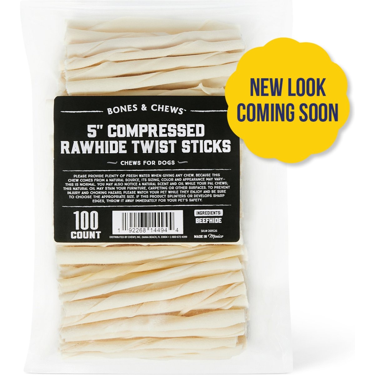 Bones & Chews 5" Compressed Rawhide Twist Sticks Dog Treats (New Look Coming Soon), 100 count