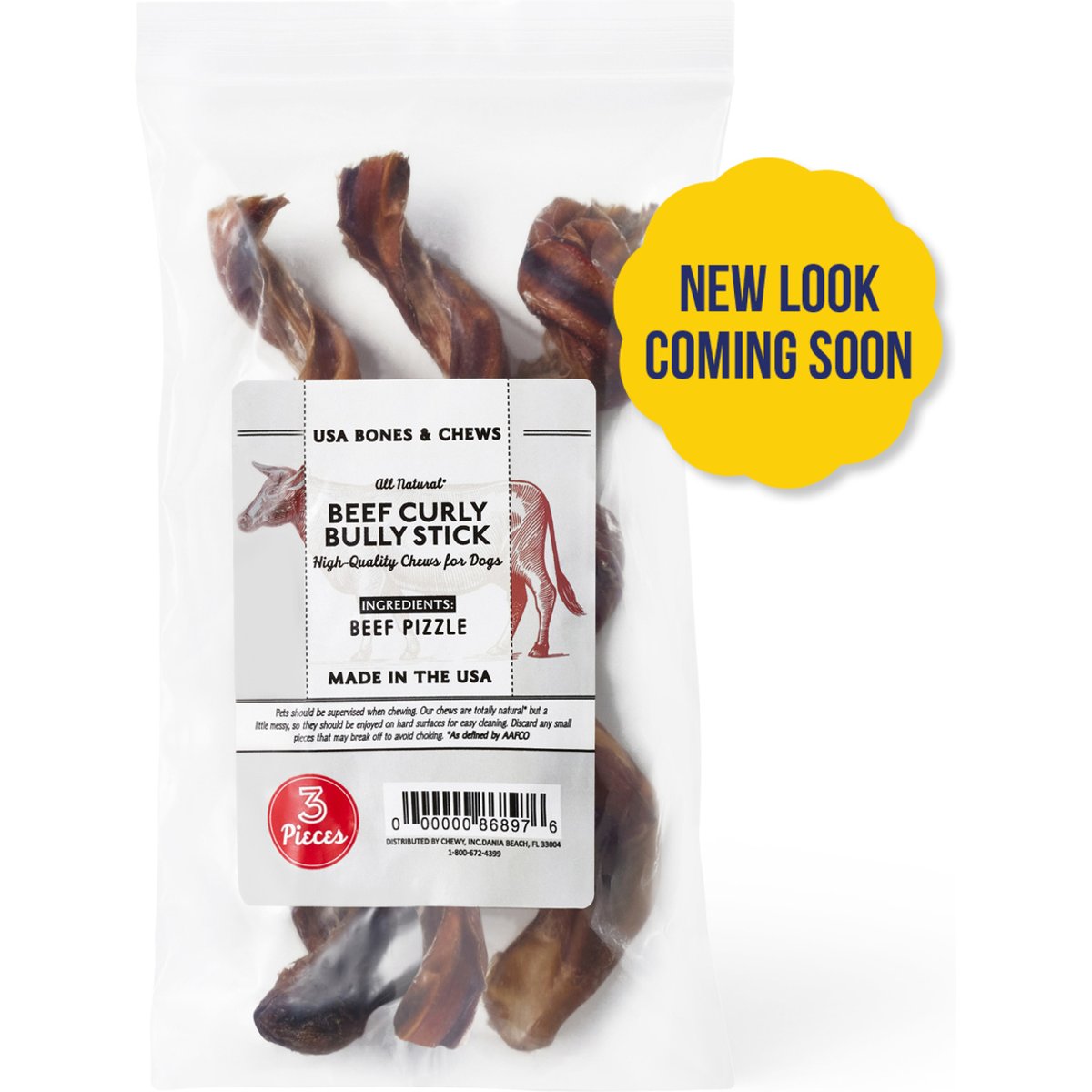 Bones & Chews Made in USA Curly Bully Stick 6-9" Dog Chew Treats (New Look Coming Soon), 3 count
