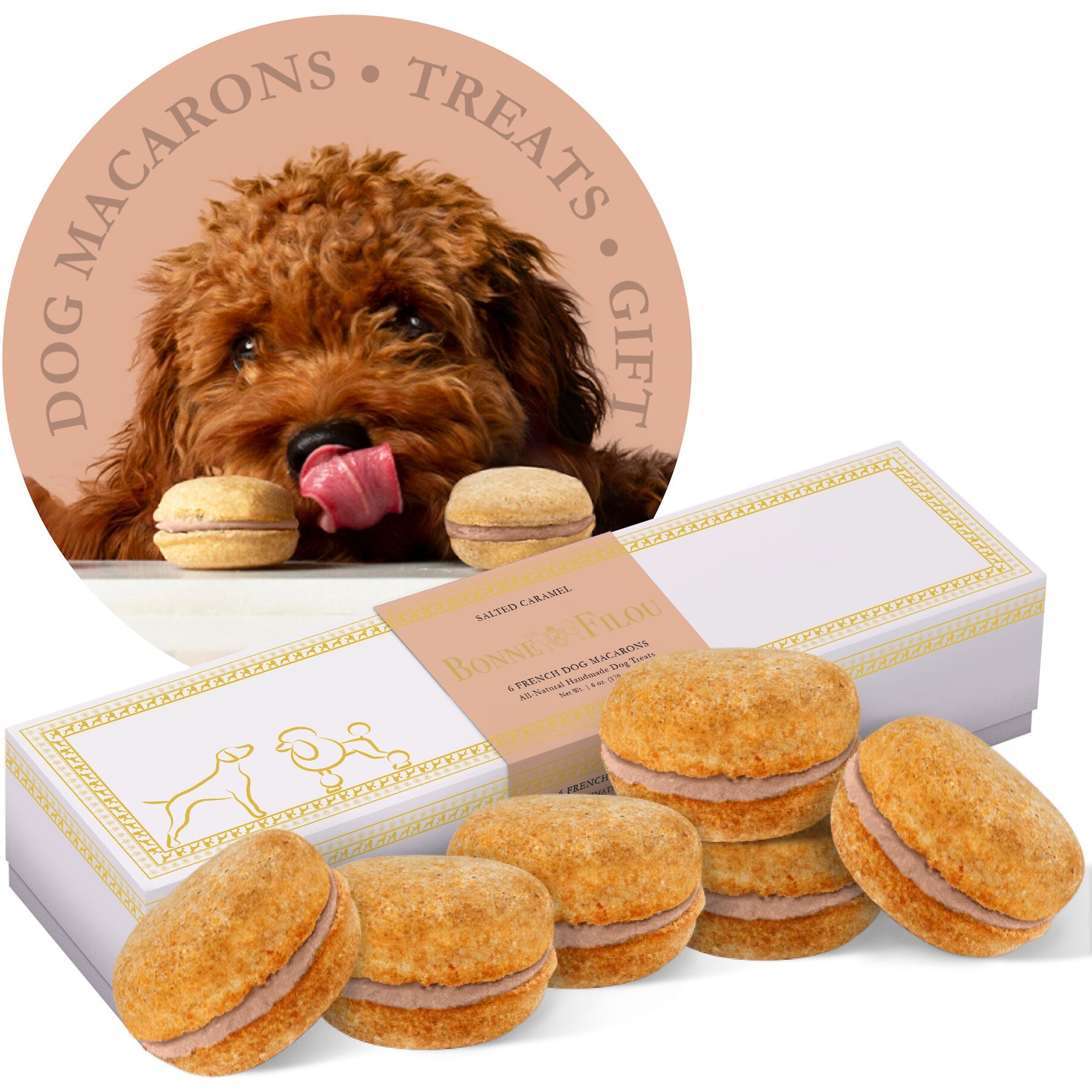 Bonne et Filou Handmade Salted Caramel Human-Grade Macaron Dog Treats, 6 count