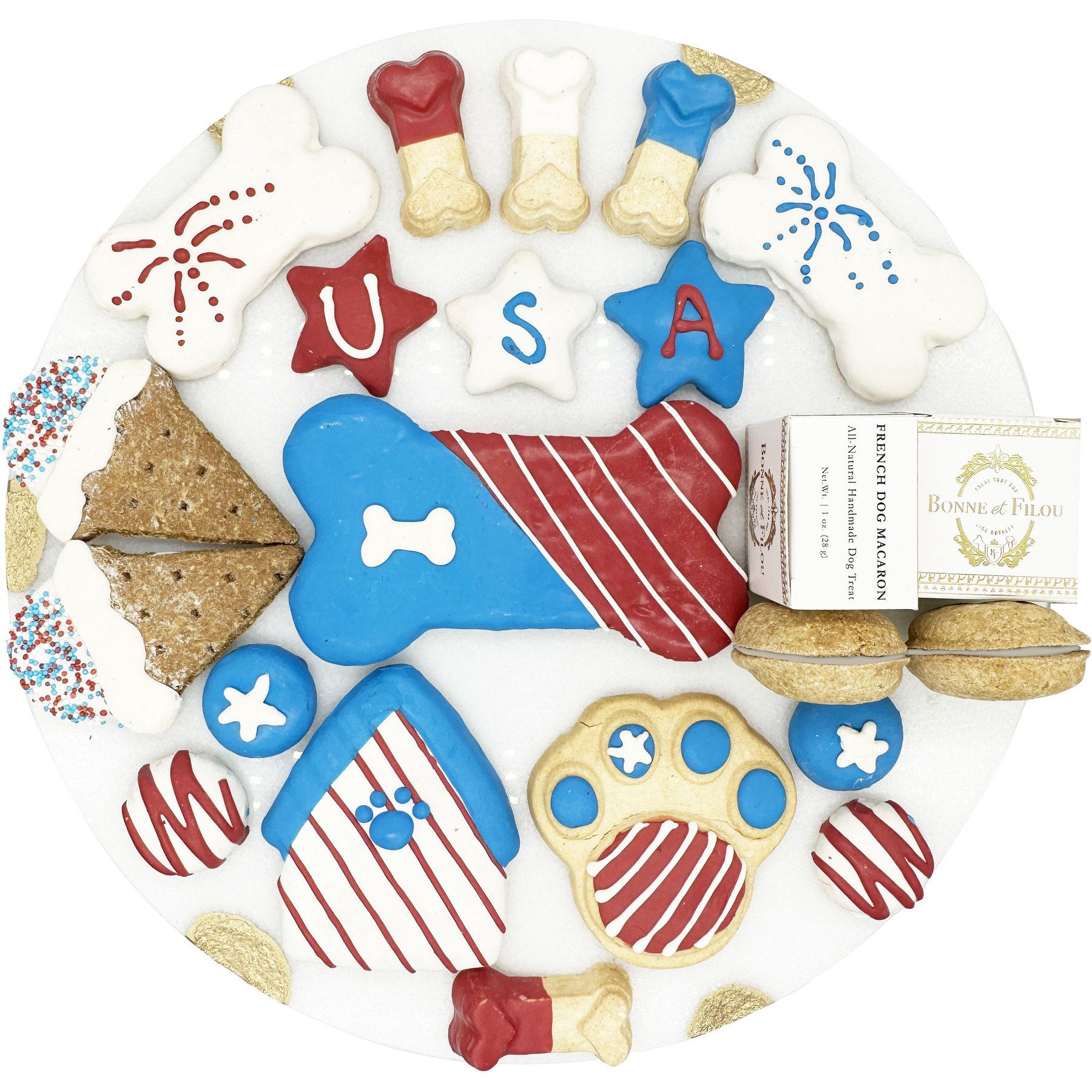 Bonne et Filou Human-Grade Red, White, & Blue Dog Treats Gift Box, 21 count