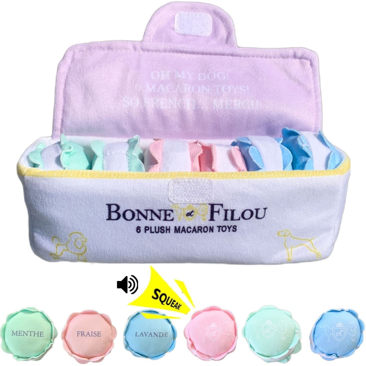 Bonne et Filou Macaron Plush Squeaky Dog Toy, 6 count