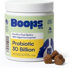 Boops Pets Probiotic 30 Billion CFU with 12 Strains + Prebiotic, Postbiotics & Digestive Enzymes Filet Mignon Steak Flavored Soft Chews Supplements for Dogs, 60 count