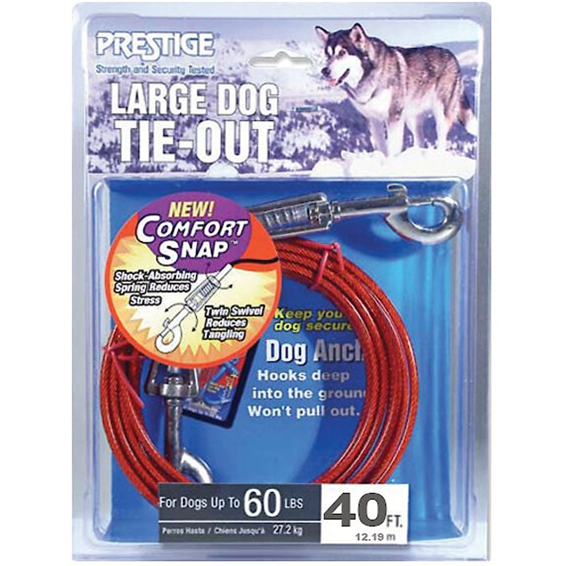 Boss Pet Prestige Dog Tie-Out with Spring, Large, Red, 40-ft