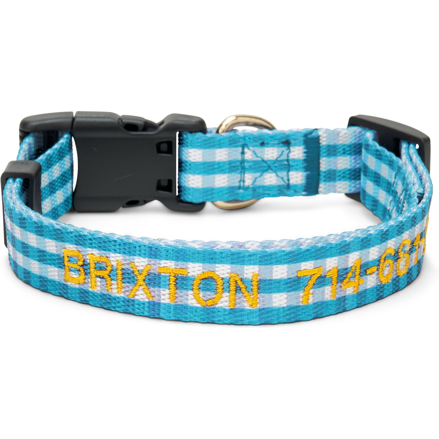Boulevard Personalized Gingham Dog Collar, Sky Blue, Medium