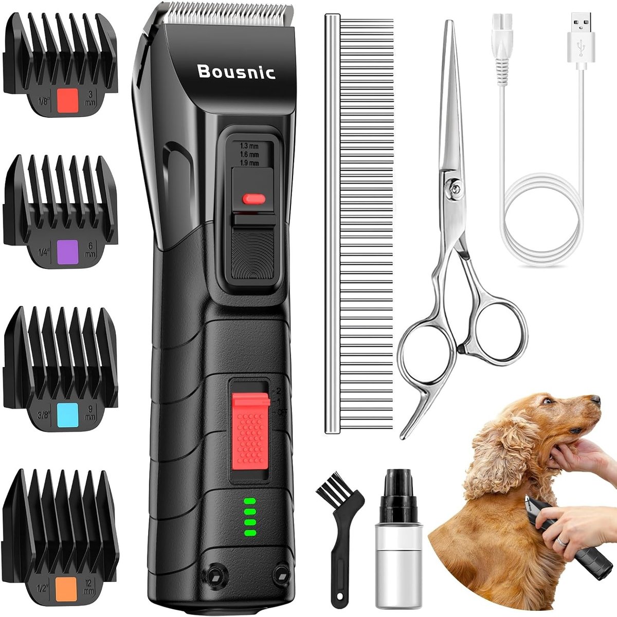 Bousnic 2-Speed Cordless Quiet Dog & Cat Grooming Clipper Kit