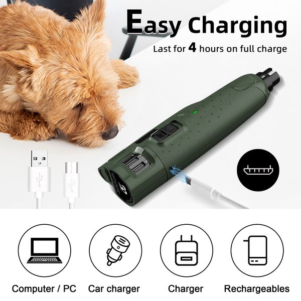 Show full view: Bousnic 6-Speed Pro Quiet Rechargeable Dog & Cat Nail Grinder with 2 LED Lights, Army Green slide 8 of 9