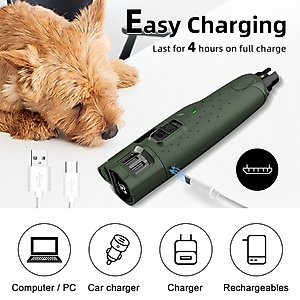 Bousnic 6-Speed Pro Quiet Rechargeable Dog & Cat Nail Grinder with 2 LED Lights, Army Green