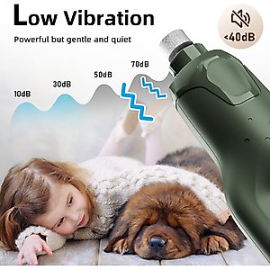 Bousnic 6-Speed Pro Quiet Rechargeable Dog & Cat Nail Grinder with 2 LED Lights, Army Green