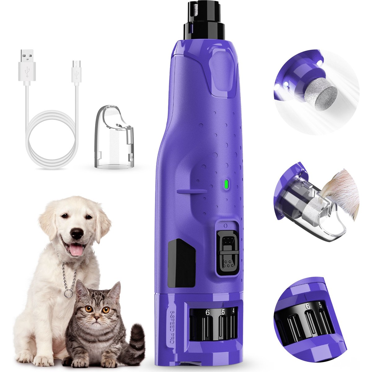 Casfuy 6-Speed Pro Quiet Rechargeable Dog & Cat Nail Grinder with 2 LED Lights, Purple