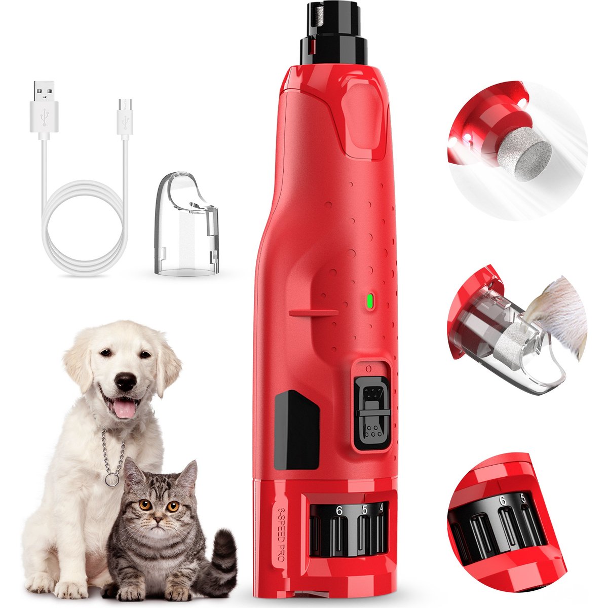 Casfuy 6-Speed Pro Quiet Rechargeable Dog & Cat Nail Grinder with 2 LED Lights, Red