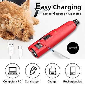 Bousnic 6-Speed Pro Quiet Rechargeable Dog & Cat Nail Grinder with 2 LED Lights, Red