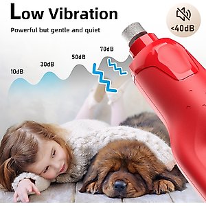 Bousnic 6-Speed Pro Quiet Rechargeable Dog & Cat Nail Grinder with 2 LED Lights, Red