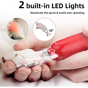 Bousnic 6-Speed Pro Quiet Rechargeable Dog & Cat Nail Grinder with 2 LED Lights, Red