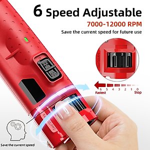 Bousnic 6-Speed Pro Quiet Rechargeable Dog & Cat Nail Grinder with 2 LED Lights, Red