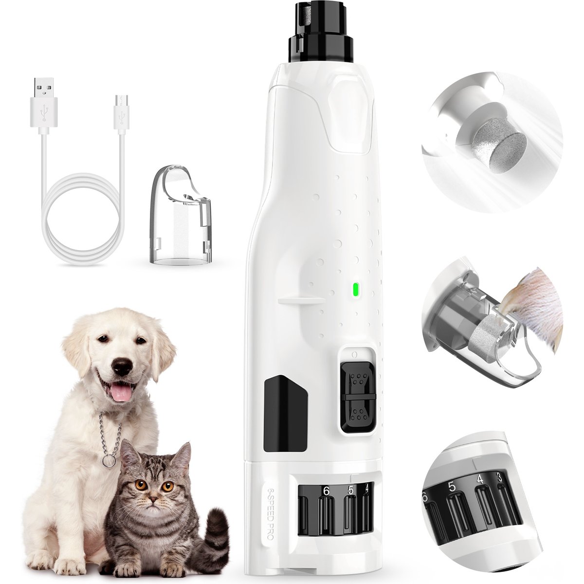 Casfuy 6-Speed Pro Quiet Rechargeable Dog & Cat Nail Grinder with 2 LED Lights, White