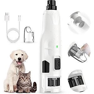 Bousnic 6-Speed Pro Quiet Rechargeable Dog & Cat Nail Grinder with 2 LED Lights, White