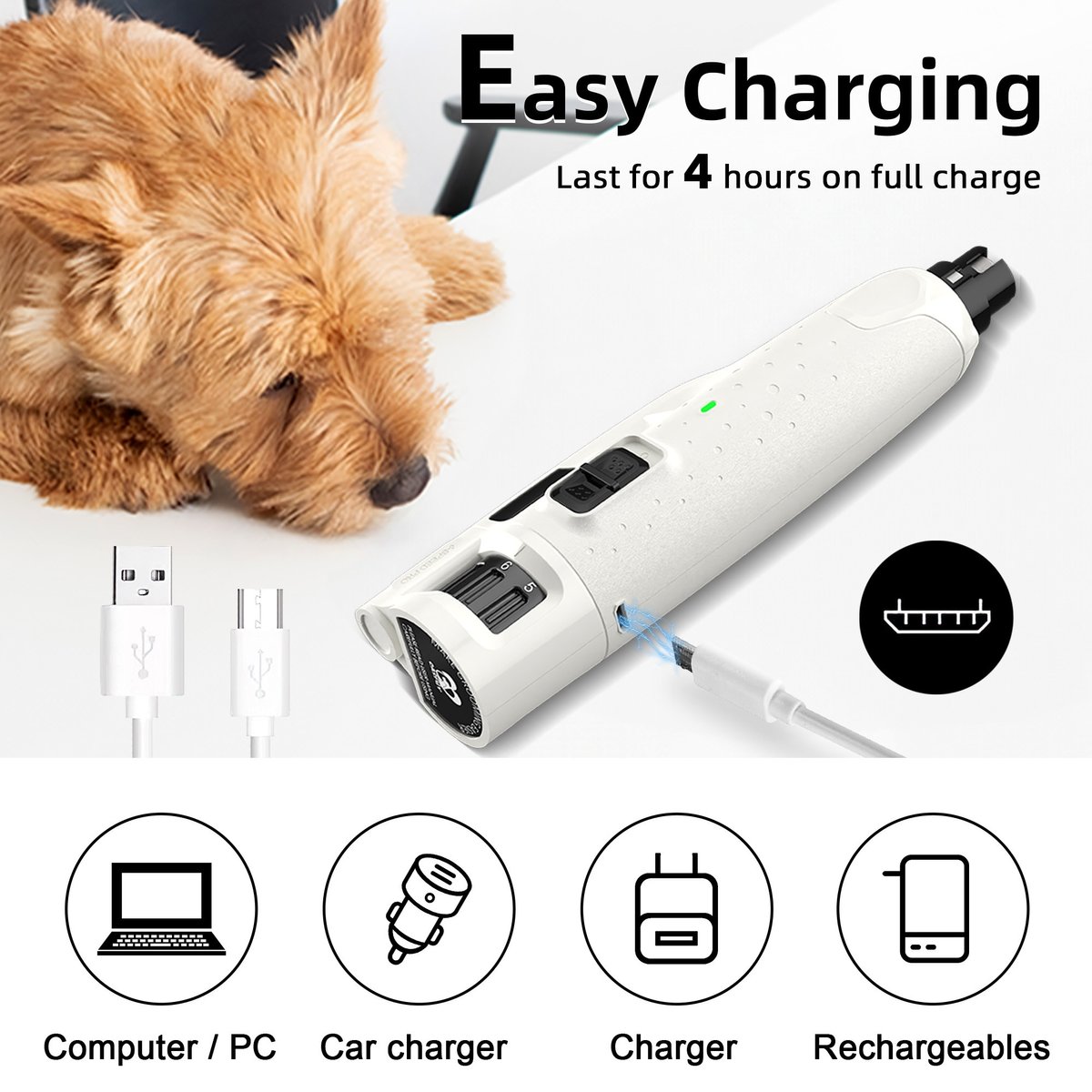 Bousnic 6-Speed Pro Quiet Rechargeable Dog & Cat Nail Grinder with 2 LED Lights