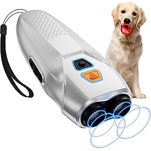 Bousnic Handheld Dual Sensor Ultrasonic Dog Bark Deterrent Device with LED Flashlight, Silver