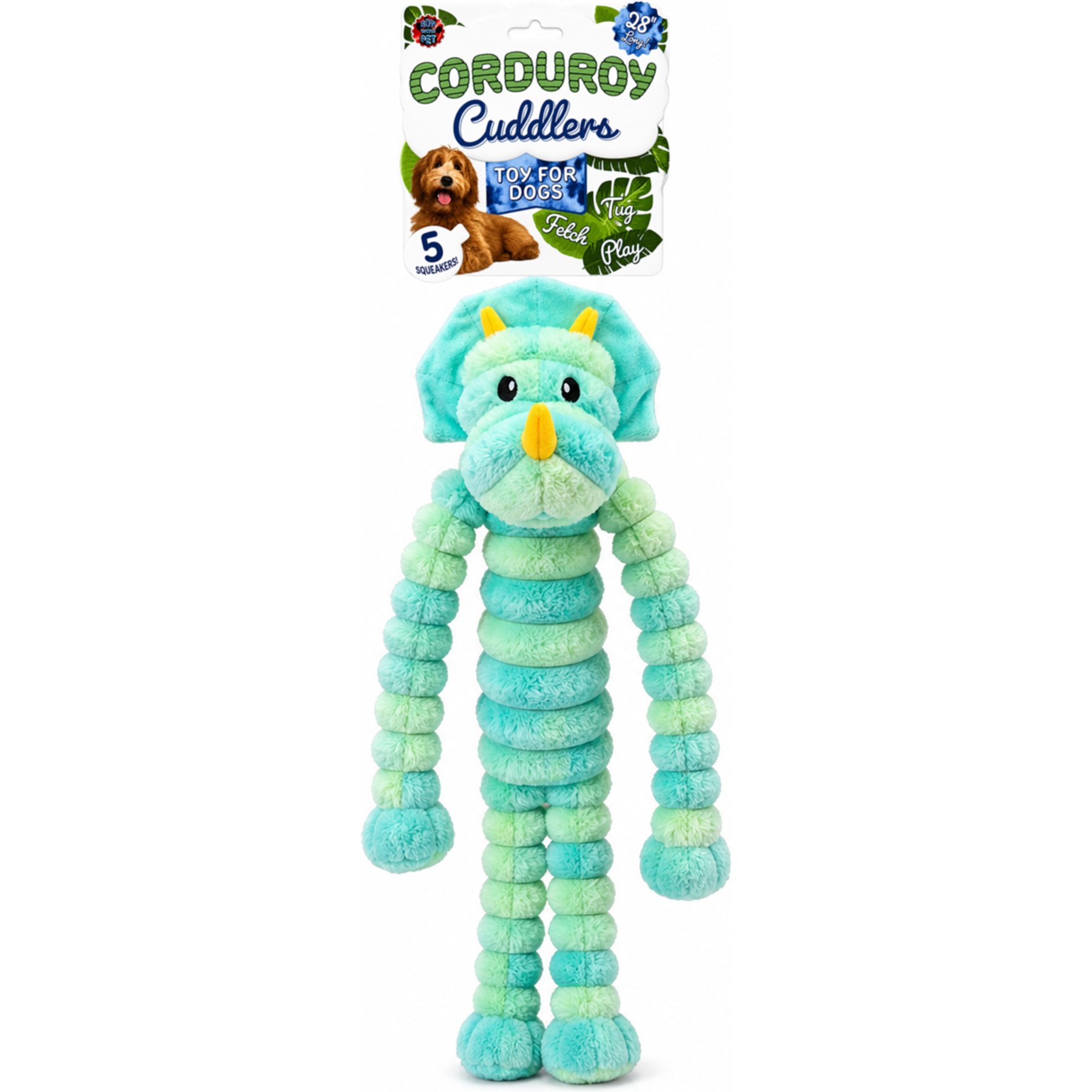 Bow Wow Corduroy Interactive Stuffed Triceratops Squeaky Plush Dog Toy