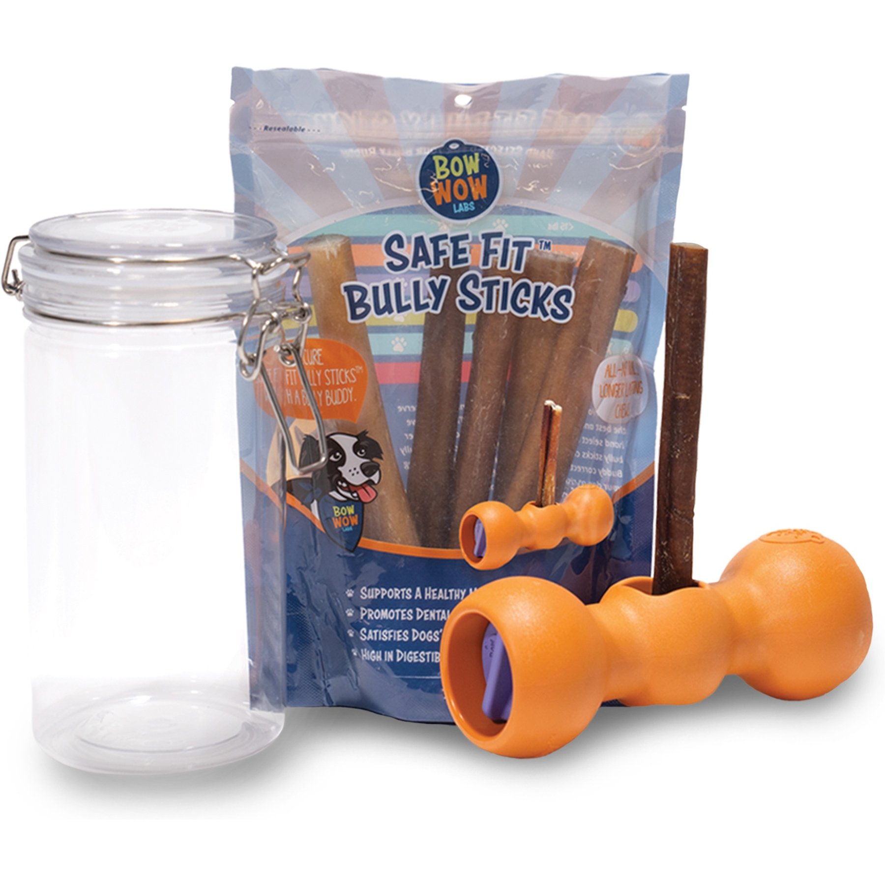 Bow Wow Labs Buddy Starter Kit with Anti-Choking Safety Device Bully Sticks Dog Treats, Medium