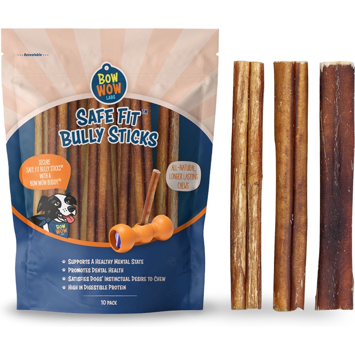 Bow Wow Labs Safe Fit 6-in 100% Beef Bully Sticks Dog Treats, 10 count, Thick