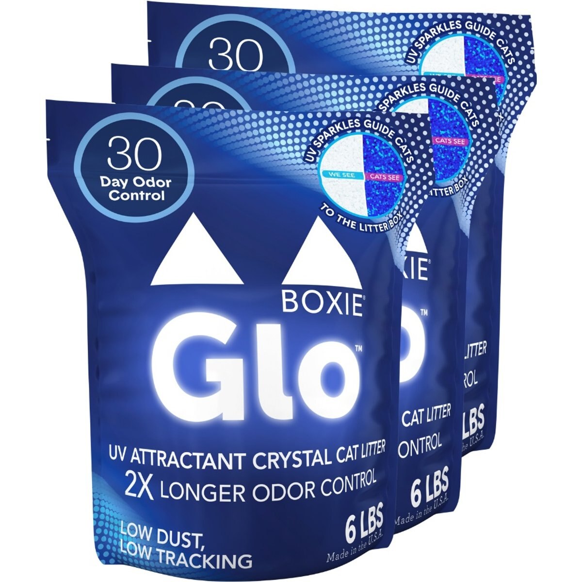 Boxiecat Glo Natural Stress-Relief Non-Clumping Crystal Cat Litter with UV Attractant, 6-lb bag, 3 count