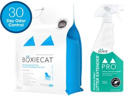 Boxiecat Unscented Odor Control Clumping Clay Litter, 28-lb bag + BoxiePro Lightly Scented Scoop & Spray Cat Litter Deodorizing Kit, 24-fl oz bottle