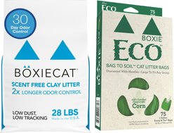 Boxiecat Unscented Odor Control Clumping Clay Litter, 28-lb bag + Eco Scoop & Tie Cat Litter Waste Bag, 75 count
