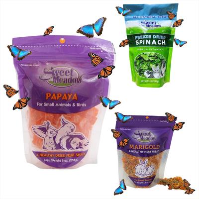 Show full view: Branded Pack - Sweet Meadow Farm Freeze-Dried Small Pet Treat, Dried Papaya Treats, Marigold Herb Treats slide 1 of 8