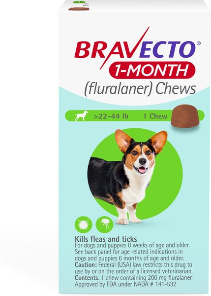 Show full view: Bravecto 1-Month Chew for Dogs, 22-44 lbs, (Green Box), 1 Chew (1-mo. supply) slide 1 of 7
