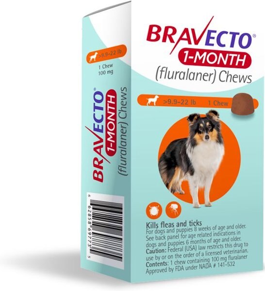 Bravecto 1-Month Chews for Dogs, 9.9-22 lbs, (Orange Box)