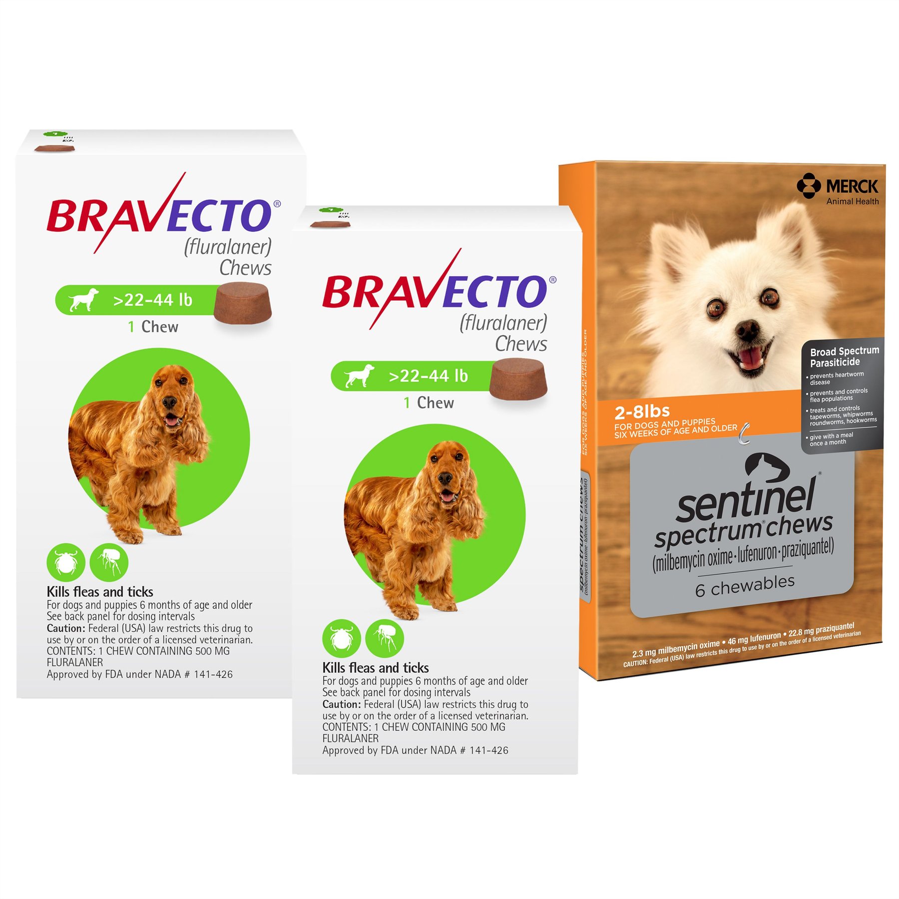 Bravecto CHEW, 22-44 lbs, (Green Box), 2 Chews (6-mos. supply) + Sentinel Spectrum CHEW for Dogs, 2-8 lbs, (Orange Box), 6 Chews (6-mos. supply)