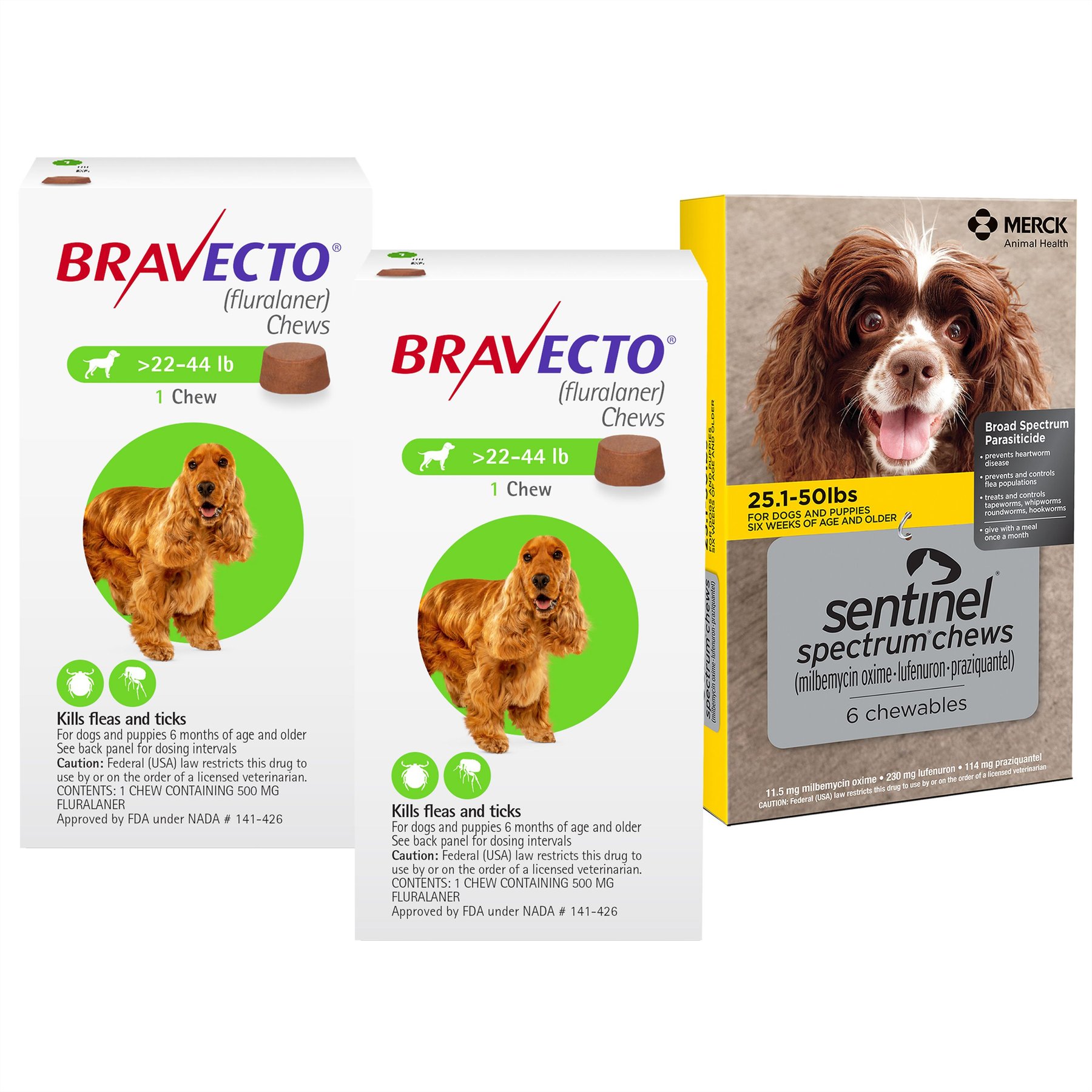 Bravecto CHEW, 22-44 lbs, (Green Box), 2 Chews (6-mos. supply) + Sentinel Spectrum CHEW for Dogs, 25.1-50 lbs, (Yellow Box), 6 Chews (6-mos. supply)