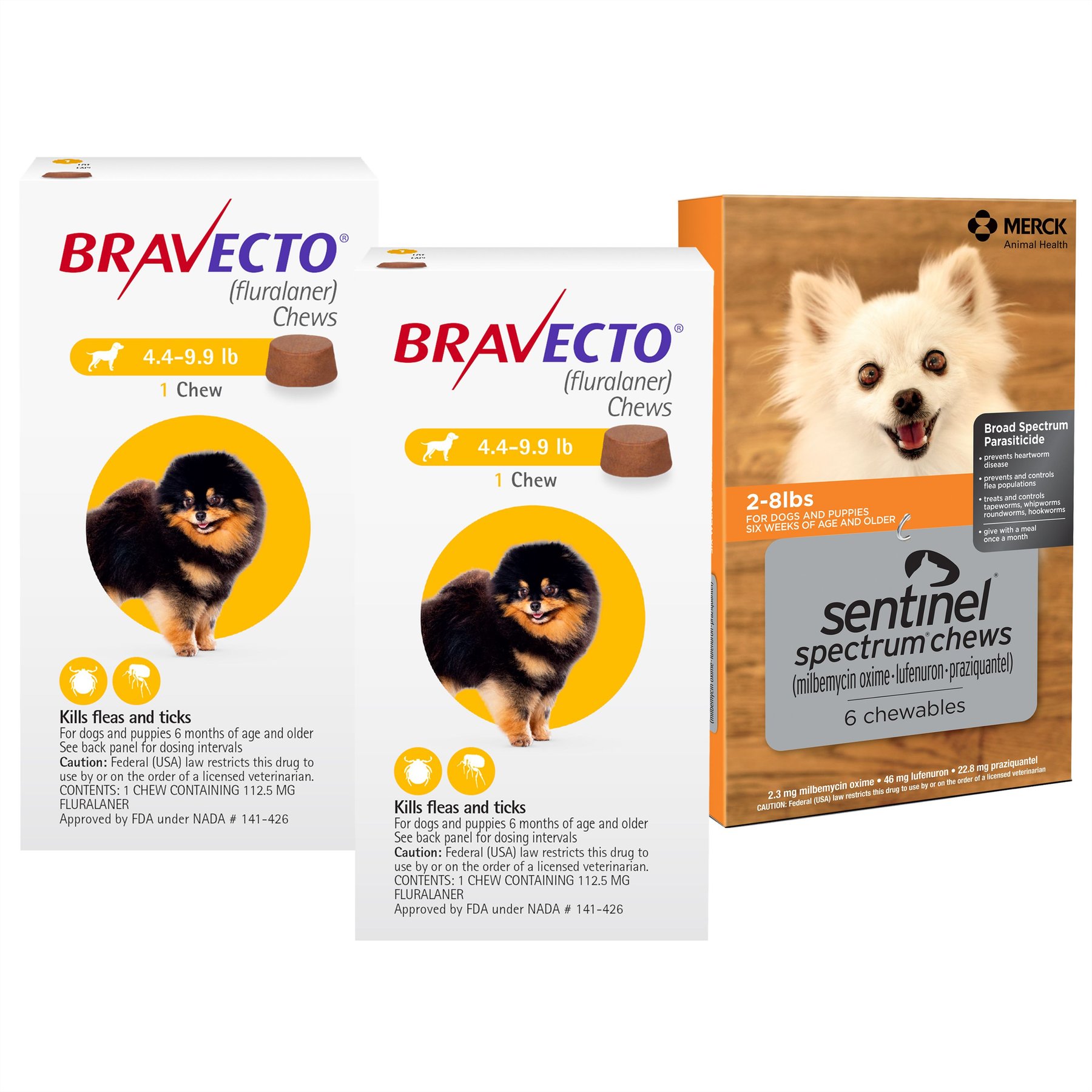 Bravecto CHEW, 4.4-9.9 lbs, (Yellow Box), 2 Chews (6-mos. supply) + Sentinel Spectrum CHEW for Dogs, 2-8 lbs, (Orange Box), 6 Chews (6-mos. supply)