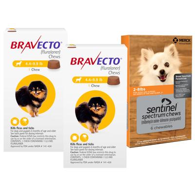 Show full view: Bravecto Chew, 4.4-9.9 lbs, (Yellow Box), 2 Chews (6-mos. supply) + Sentinel Spectrum Chew for Dogs, 2-8 lbs, (Orange Box), 6 Chews (6-mos. supply) slide 1 of 9
