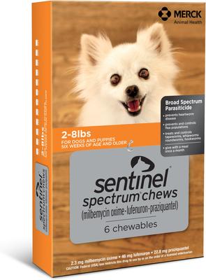 Show full view: Bravecto Chew, 4.4-9.9 lbs, (Yellow Box), 2 Chews (6-mos. supply) + Sentinel Spectrum Chew for Dogs, 2-8 lbs, (Orange Box), 6 Chews (6-mos. supply) slide 2 of 9