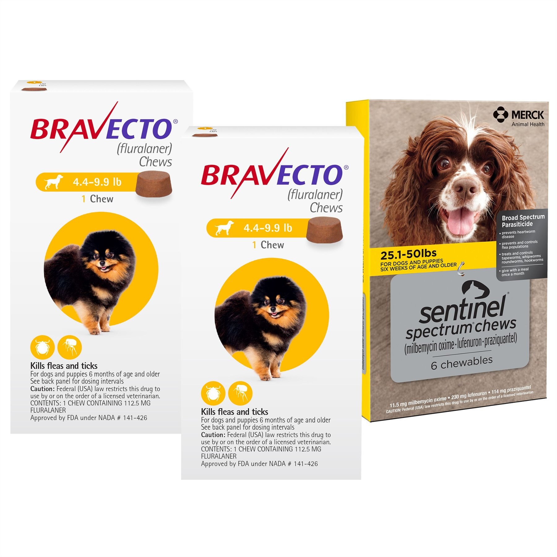 Bravecto CHEW, 4.4-9.9 lbs, (Yellow Box), 2 Chews (6-mos. supply) + Sentinel Spectrum CHEW for Dogs, 25.1-50 lbs, (Yellow Box), 6 Chews (6-mos. supply)