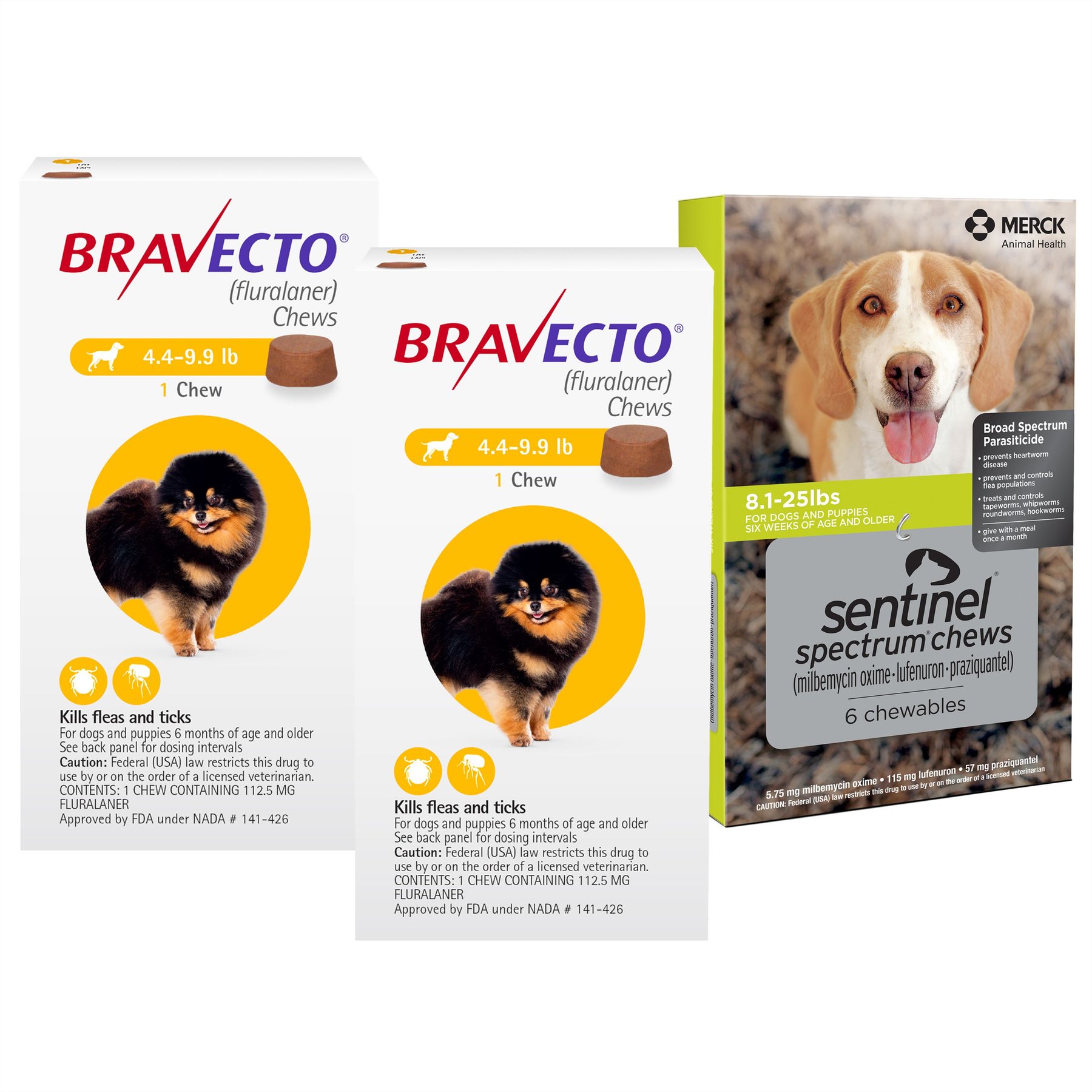 Bravecto CHEW, 4.4-9.9 lbs, (Yellow Box), 2 Chews (6-mos. supply) + Sentinel Spectrum CHEW for Dogs, 8.1-25 lbs, (Green Box), 6 Chews (6-mos. supply)