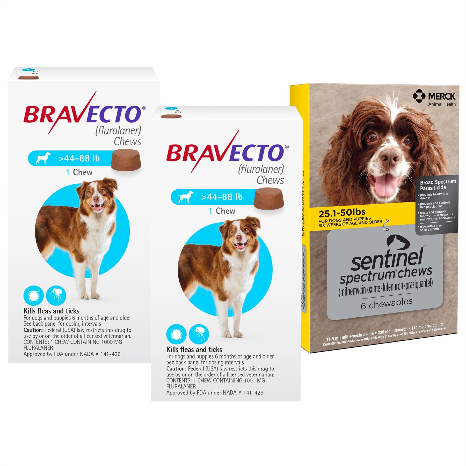 Bravecto CHEW, 44-88 lbs, (Blue Box), 2 Chews (6-mos. supply) + Sentinel Spectrum CHEW for Dogs, 25.1-50 lbs, (Yellow Box), 6 Chews (6-mos. supply)