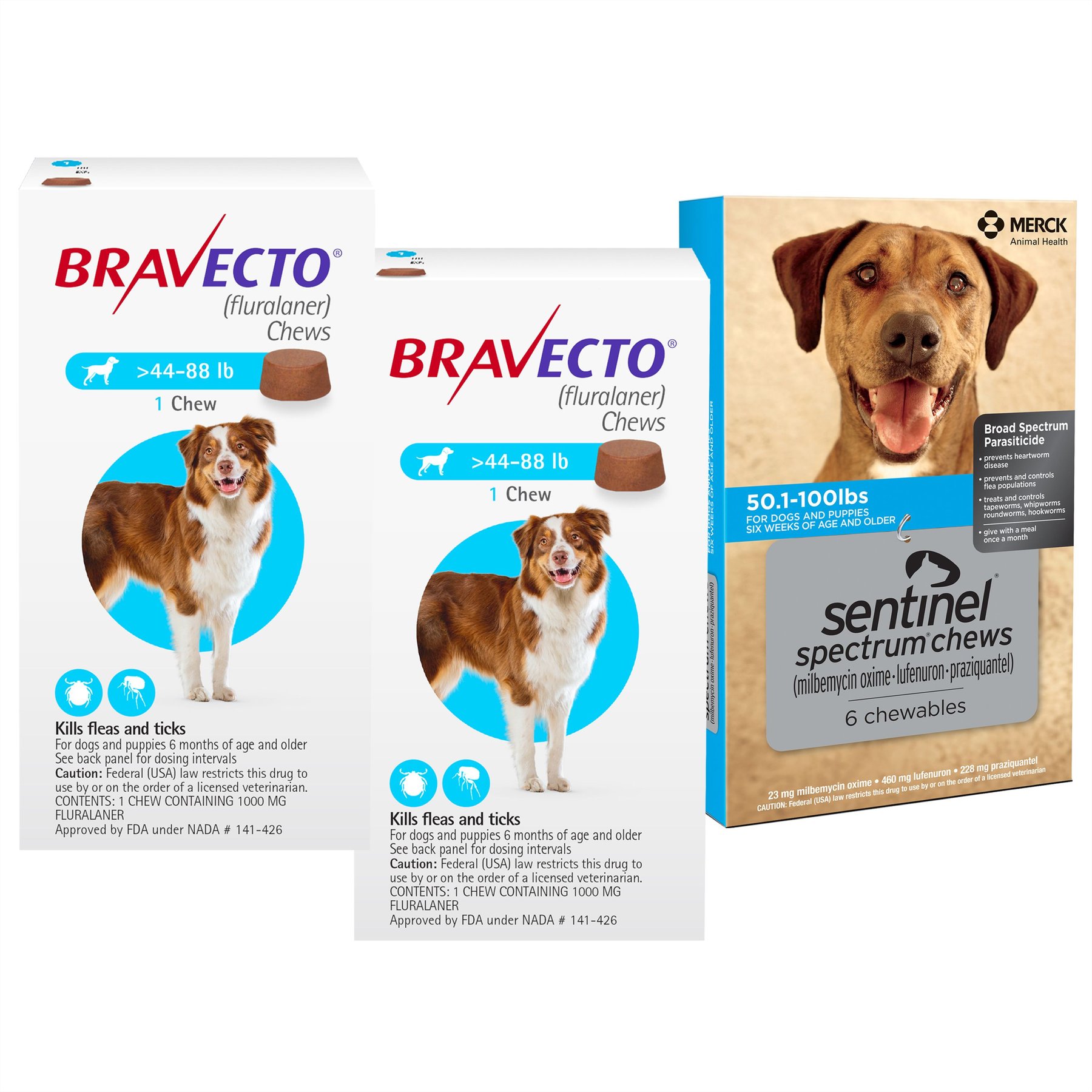 Bravecto CHEW, 44-88 lbs, (Blue Box), 2 Chews (6-mos. supply) + Sentinel Spectrum CHEW for Dogs, 50.1-100 lbs, (Blue Box), 6 Chews (6-mos. supply)