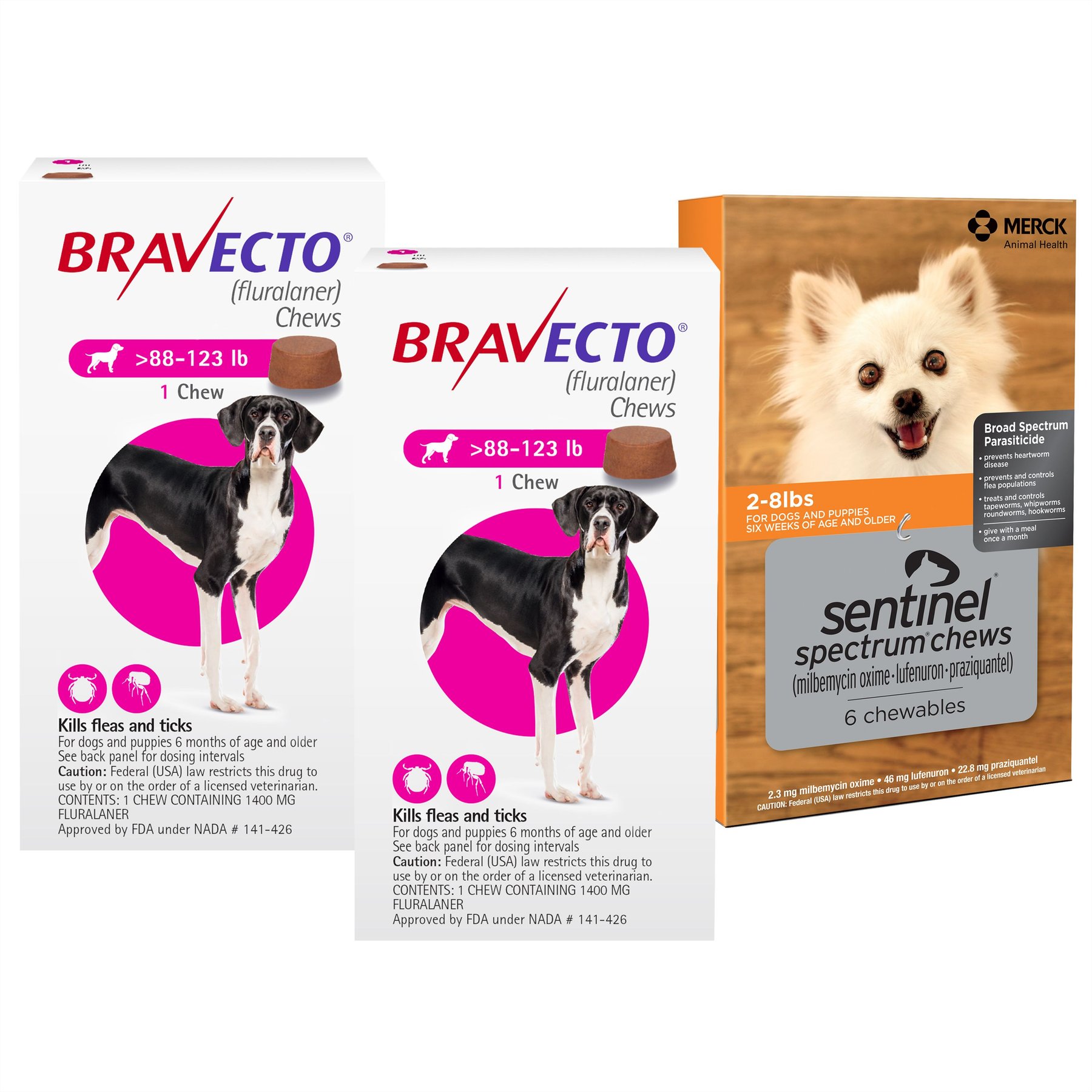Bravecto CHEW, 88-123 lbs, (Pink Box), 2 Chews (6-mos. supply) + Sentinel Spectrum CHEW for Dogs, 2-8 lbs, (Orange Box), 6 Chews (6-mos. supply)