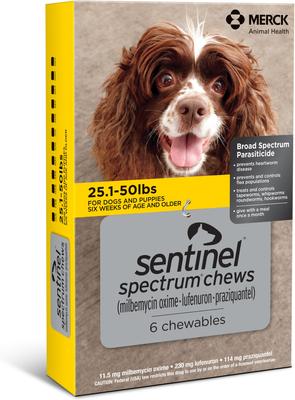 Show full view: Bravecto Chew, 88-123 lbs, (Pink Box), 2 Chews (6-mos. supply) + Sentinel Spectrum Chew for Dogs, 25.1-50 lbs, (Yellow Box), 6 Chews (6-mos. supply) slide 2 of 9
