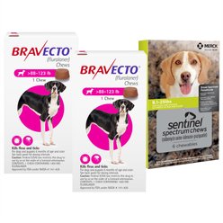 Bravecto Chew, 88-123 lbs, (Pink Box), 2 Chews (6-mos. supply) + Sentinel Spectrum Chew for Dogs, 8.1-25 lbs, (Green Box), 6 Chews (6-mos. supply)