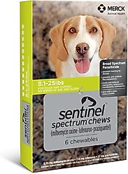 Bravecto Chew, 88-123 lbs, (Pink Box), 2 Chews (6-mos. supply) + Sentinel Spectrum Chew for Dogs, 8.1-25 lbs, (Green Box), 6 Chews (6-mos. supply) slide 2 of 9